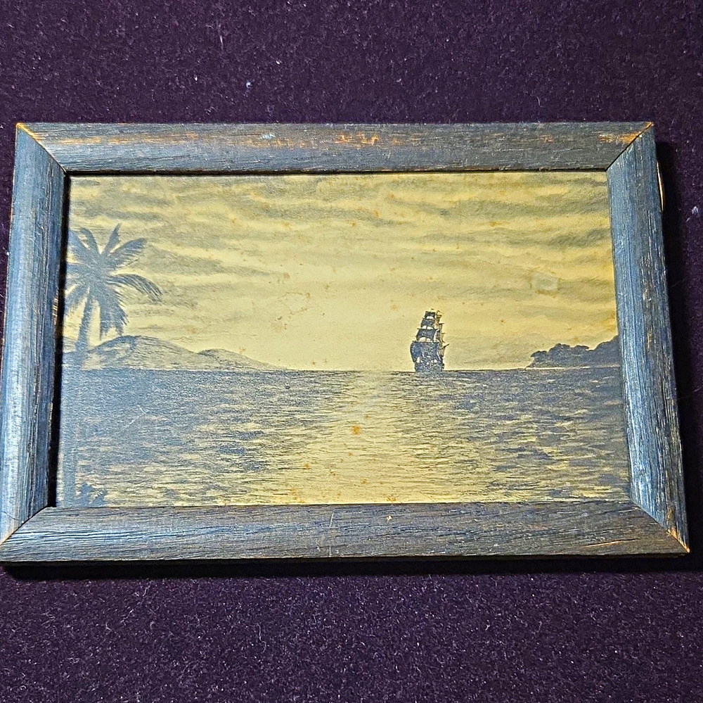 Vtg Original Charcoal Drawing Nautical Seascape Framed Mid Century Folk Art 6.5"